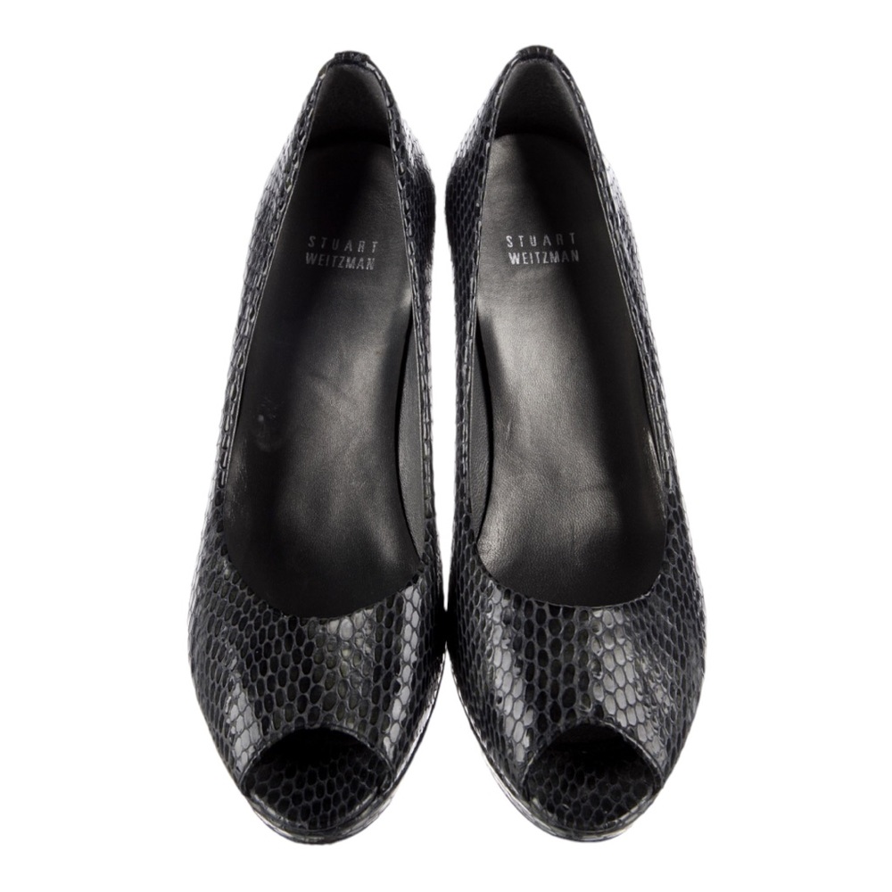 EUC Stuart Weitzman Logo Plainfield Peep-Toe Pumps Navy Sea Crystal Sz 7 - Picture 4 of 5